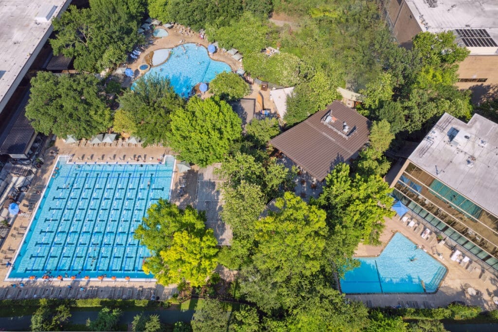 The Houstonian Hotel, Club & Spa is noted for its three swimming pools — a lap pool, family pool, and adults-only pool.