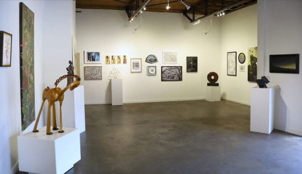 An installation view of Archway Gallery's 17th Annual Juried Exhibition, on view through July 31, 2025. The exhibition was juried by Houston artist Rick Lowe. (Courtesy Archway Gallery, Houston)