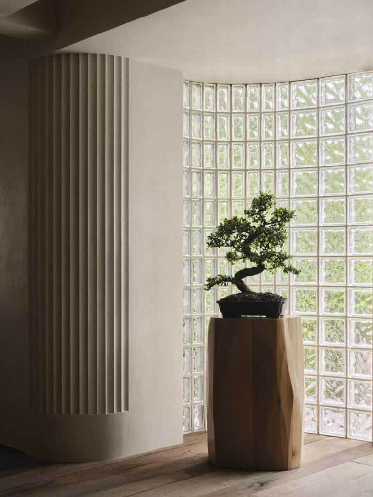 Moore designed the plaster fluting in the entry by Casci Ornamental Plaster. Original 1940s glass blocks. The bonsai tree is 35 years old. (Photo by Douglas Friedman)