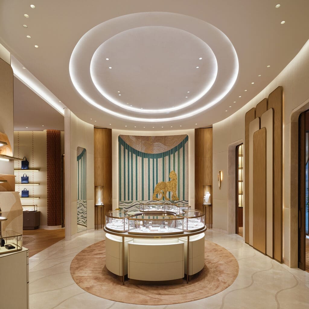 Circular motifs in the re-imagined, expanded Cartier boutique in River Oaks District give a nod to the circular design of the Astrodome.