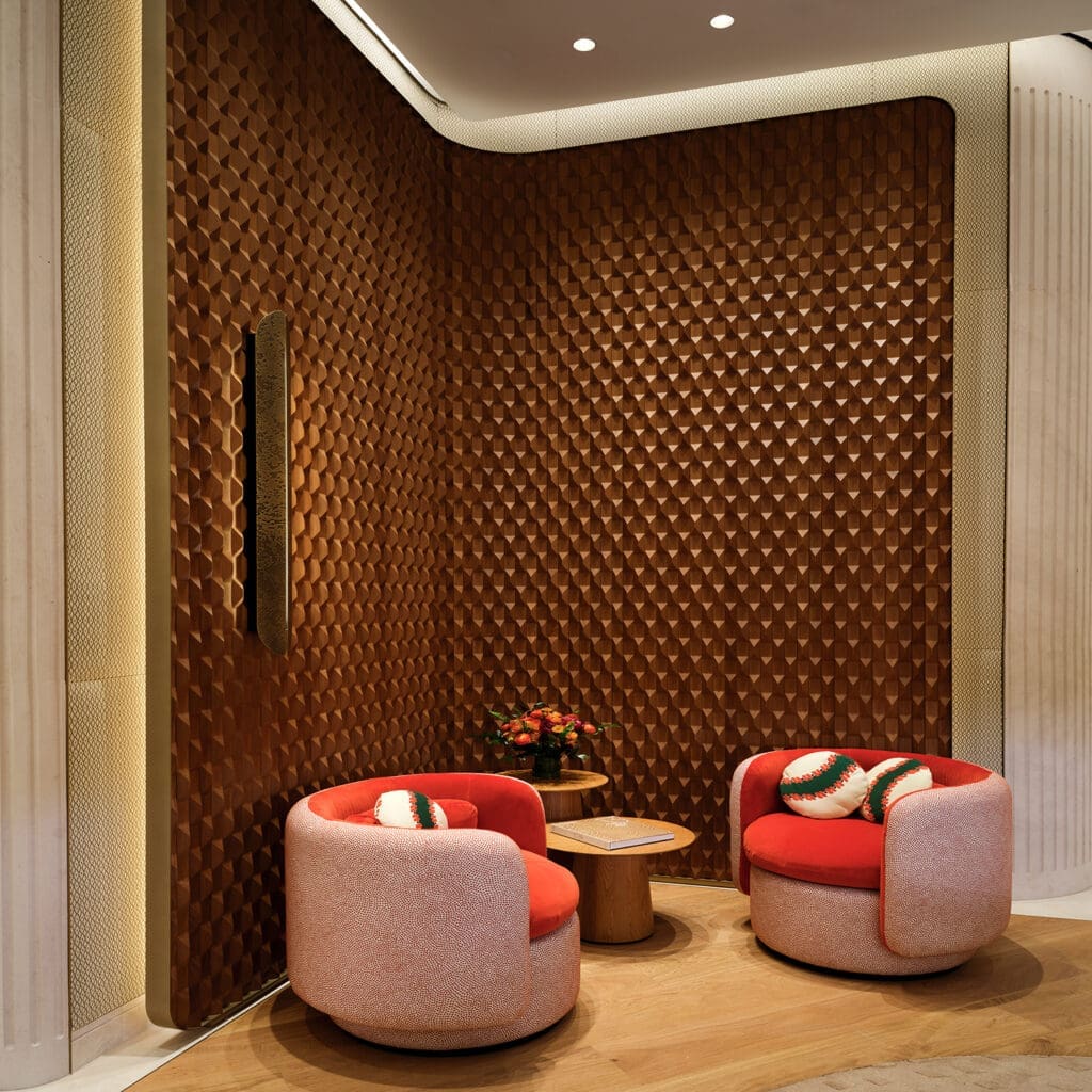 A subtle reference to Houston's love for baseball in throw pillows in the new Cartier boutique in River Oaks District.