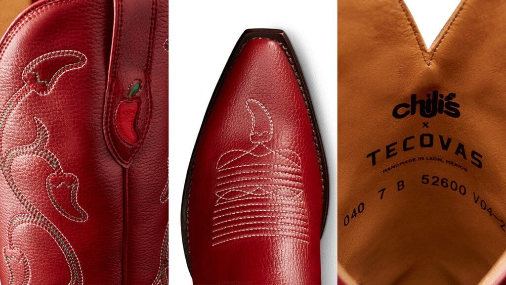 The Booth Boots ($345) include styles for both men and women, in addition to a belt ($75). (Photo by Tecovas x Chili’s)