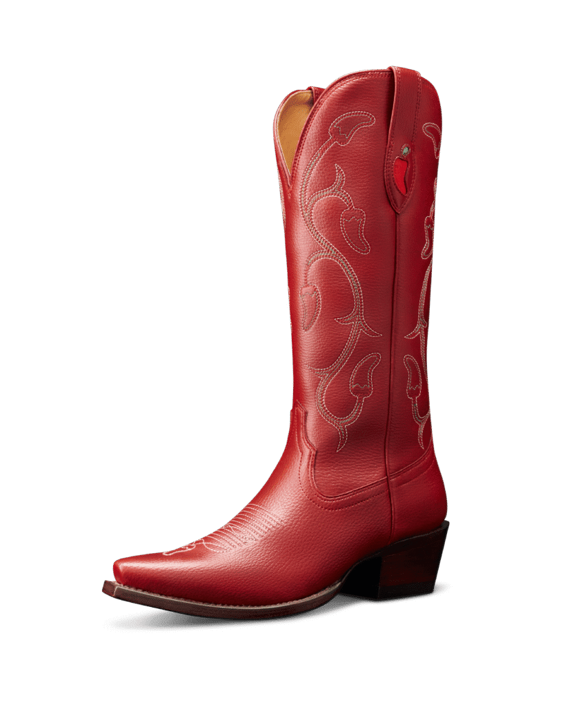 For the women's boot, Tecovas stitched a tonal chili pepper design on their best-selling "Annie" style, which features a snip toe and deep scallop. (Photo by Tecovas x Chili’s)