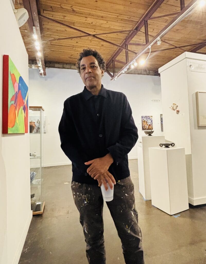 Artist Rick Lowe, co-founder and former executive director of Project Row Houses, visits Archway Gallery. Lowe recently juried the gallery's 17th Annual Juried Exhibition, which remains on view through July 31, 2025. (Photo by Ericka Schiche)