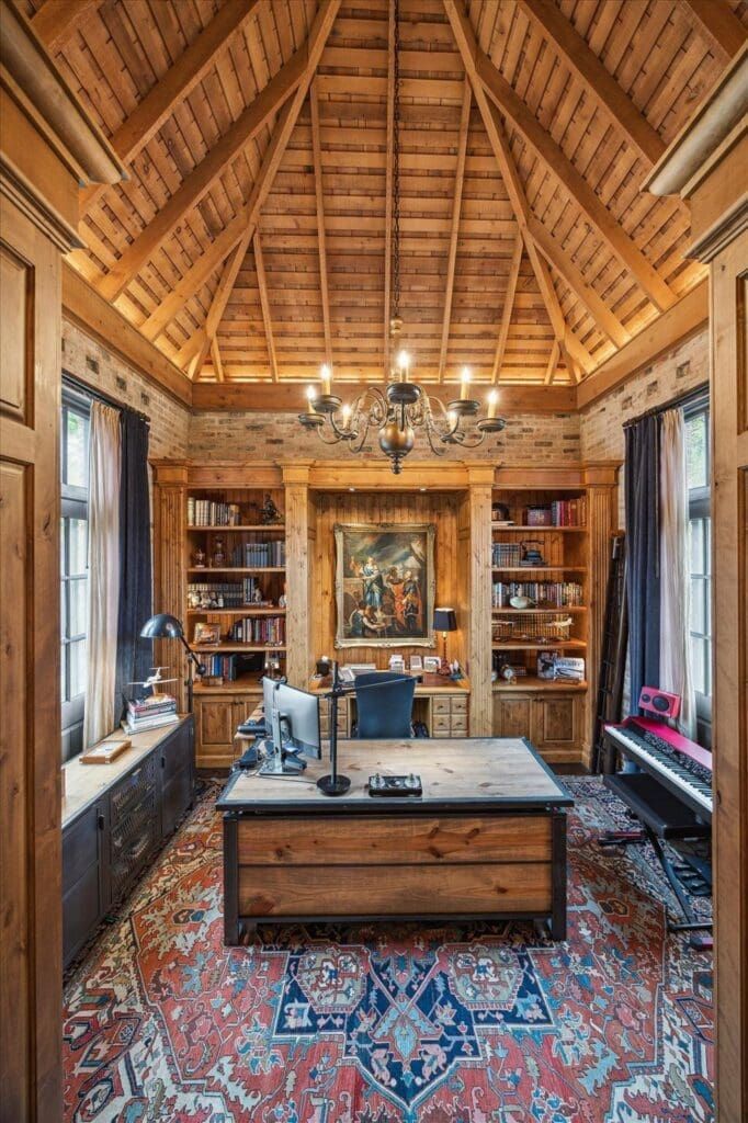 Two-story library with unique ceiling at 3 E Rivercrest Drive (Photo by TK Images for Martha Turner Sotheby’s International Realty)