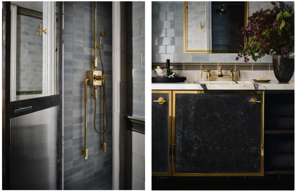 Shown at right, the studio kitchen's bronze door and brass panels are by Urban Archelogy. RW Atlas sink. Waterworks faucet. Medicine cabinet by Urban Archeology. Left, shower door by Casci Ornamental Plaster in custom patinated brass door frame with fluted element. Waterworks' RW
Atlas shower system. Waterworks' Claypaper handmade tile. (Photos by Douglas Friedman)