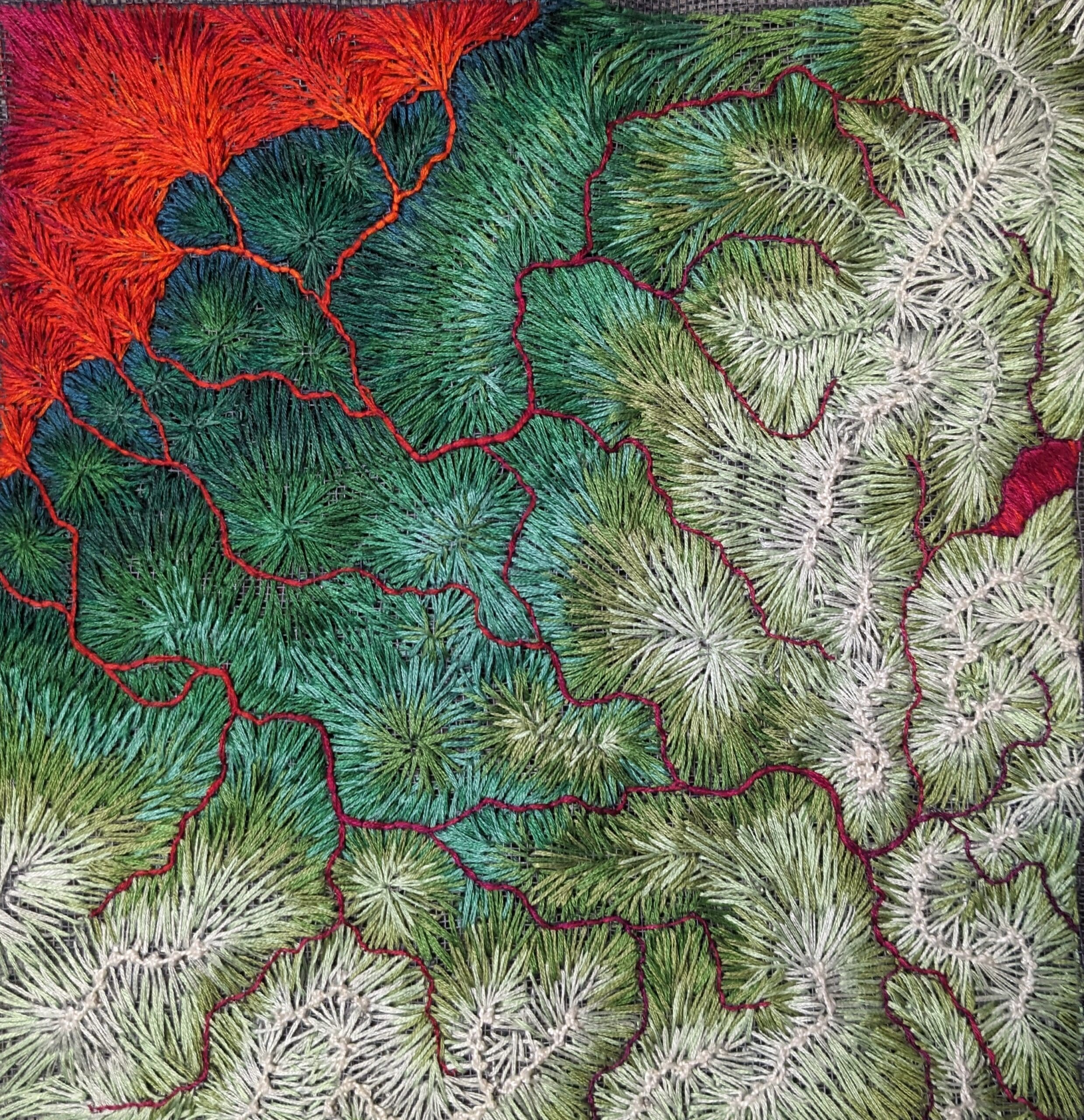 Tuong-Phi Le_Heartland (Red River)_Hand Embroidery on Fiberglass Mesh_11.5 x 11.5_738
