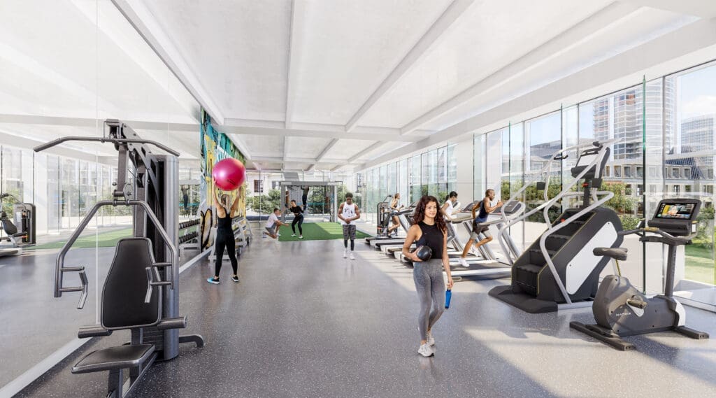 Modern workforce amenities inside the 23Springs' office tower include a "hospitality-driven lobby featuring a coffee bar," golf simulator, 4,500-square-foot fitness center, outdoor lounge, private motor court, valet parking, and even EV charging stations and bike storage. (Courtesy GFF)
