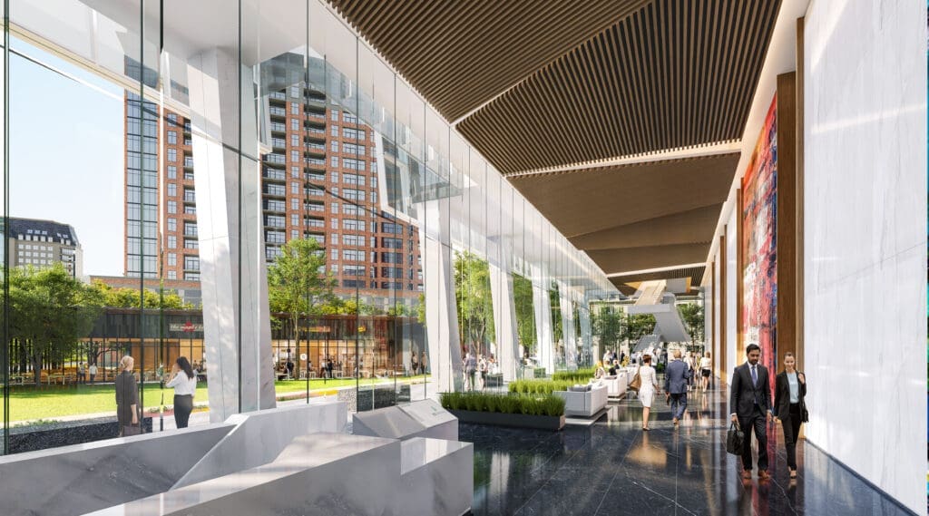 Also in the lobby? The largest indoor interactive video wall in Dallas, which, at 26-feet tall and 47-feet wide, wraps a corner and responds to people as they approach or walk past the wall. (Courtesy GFF)