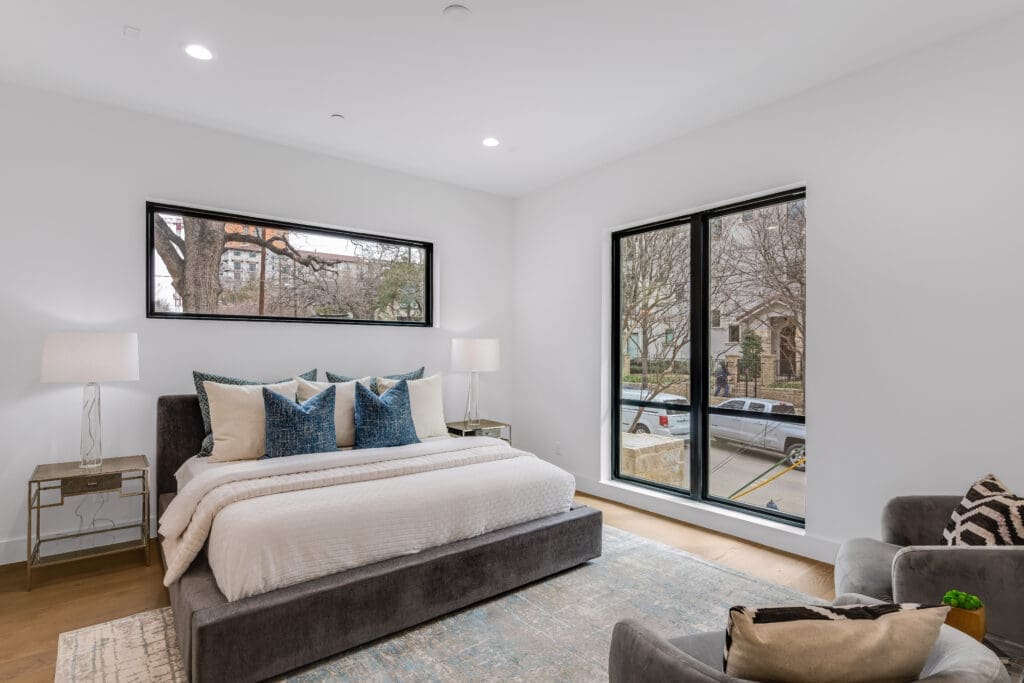 The light and bright primary bedrooms at The Residences at Routh offer "massive" wardrobe space (each closet is more than 100 square feet!). (Courtesy)