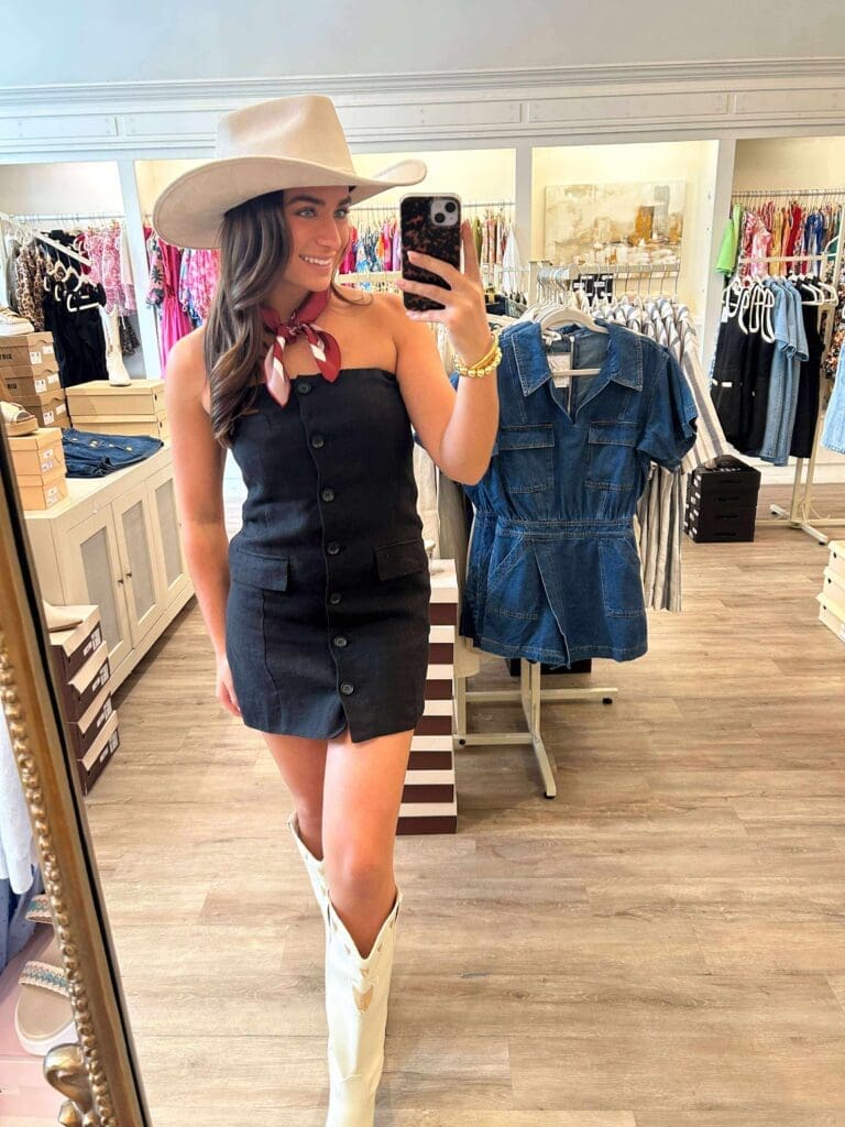 With understated chic dresses like this, you can pair any game-day accessory for an elevated style. (Photo courtesy of the Golden Gray)