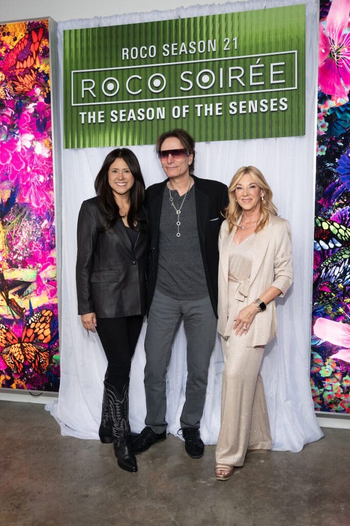 ROCO co-chairs Jane Johnson and Wendy Burks flank Steve Vai at the nonprofit's gala held at Artechouse (Photo by Alida Bonifaz)