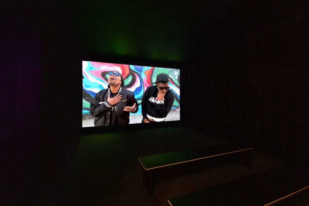 A D'Talentz short film featuring Troop's R&B song "Spread My Wings" in the cinema room. (Courtesy Contemporary Arts Museum Houston)