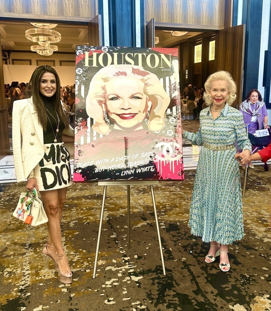 Artist Sneha Merchant, Hall of Fame Icon Lynn Wyatt at the PaperCity Philanthropy in Fashion Best Dressed Luncheon (Courtesy photo)