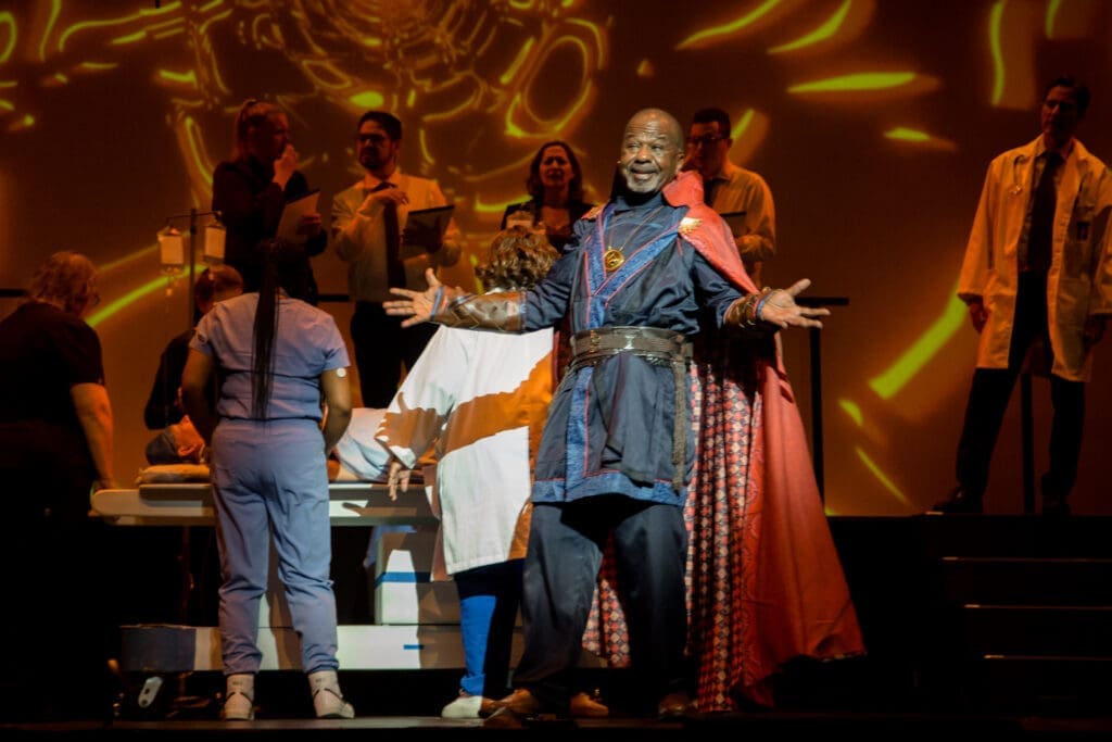 Paul Shanklin as Dr. Strange with the cast of Night Court's "Law’s Anatomy: The Juris Doctor Will See You Now" (Photo by Ricornel Productions)