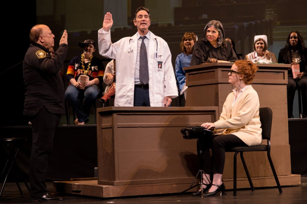 Joe Villarreal as Bailiff, Marshall Campbell as Dr. McDreamy, Liza Greene as Judge and Cher Bayley as Court Reporter in Night Court's "Law’s Anatomy: The Juris Doctor Will See You Now" (Photo by Ricornel Productions)