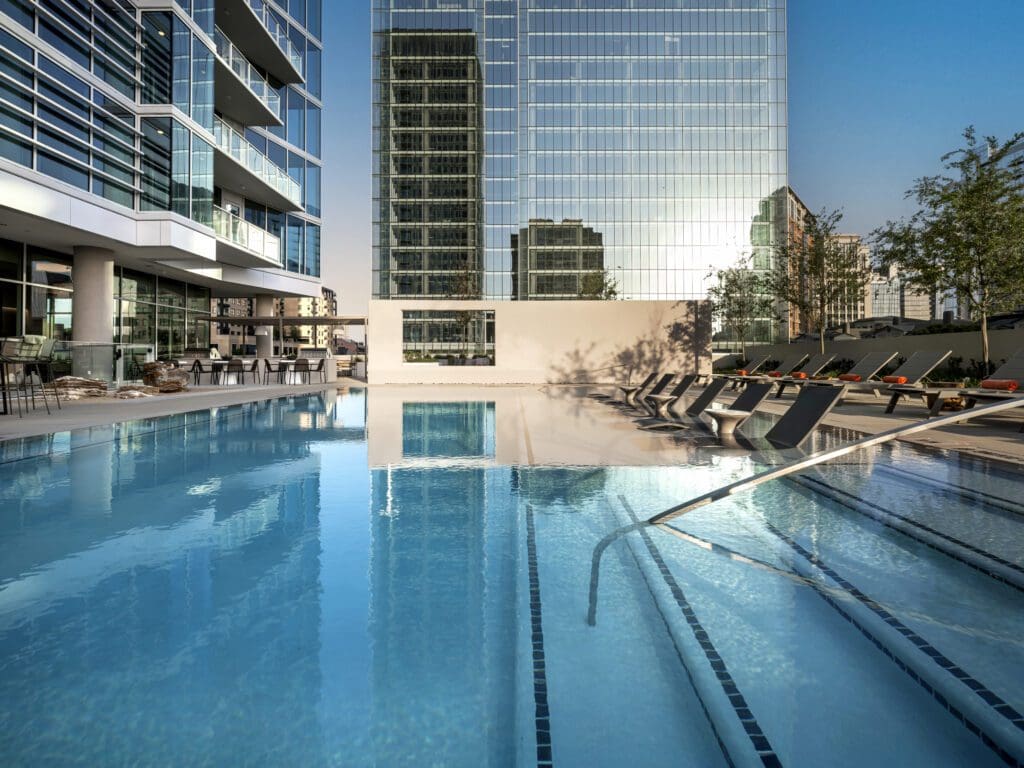 The pool deck at 2811 Maple is a serene space with plenty of little areas to escape to for a more private experience. (Photo by Eric Laignel)