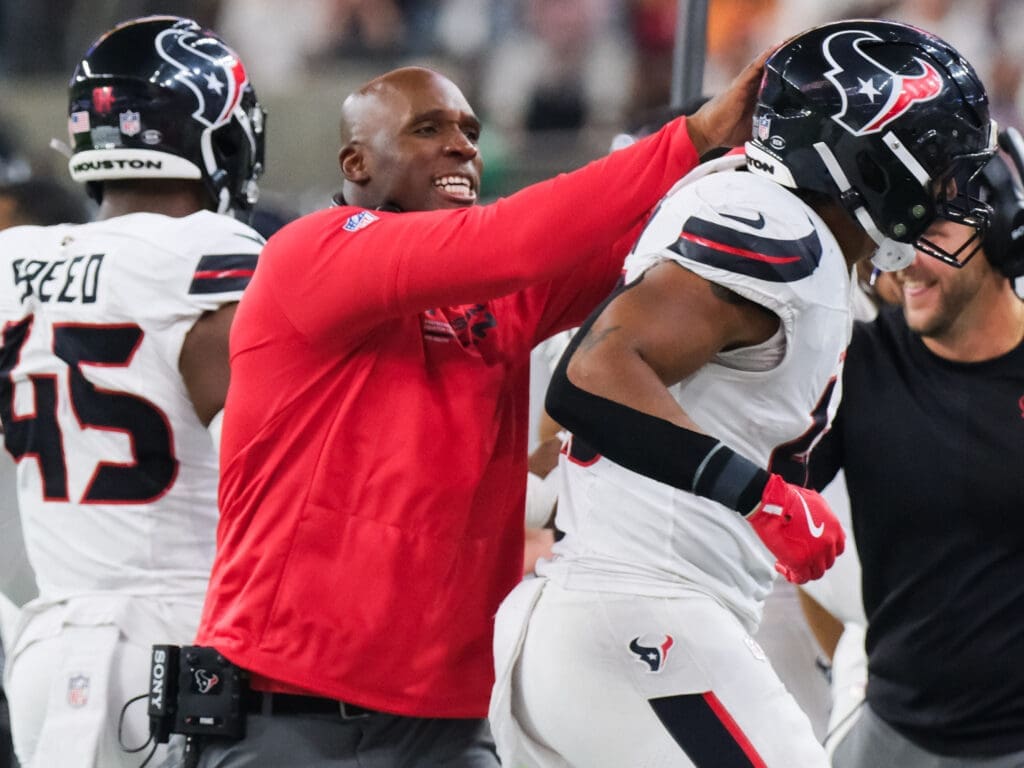 Houston Texans coach DeMeco Ryans likes to celebrate his guys. (Photo by F. Carter Smith)
