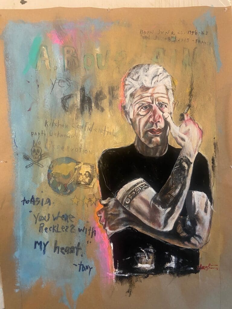 Tra Slaughter’s portrait of Anthony Bourdain captures both his grit and vulnerability. (Photo courtesy Tra Slaughter)