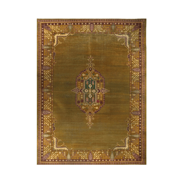 The 12×16 Antique Indian Agra Rug glows with golden symmetry and architectural grace, echoing the grandeur of royal courts while feeling completely at home in a modern interior.