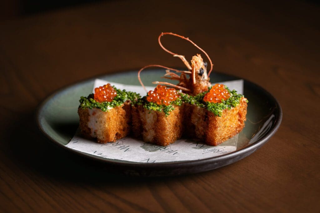 The Blue Prawn toast with smoked trout roe, chives, and a yuzu ginger aioli at Meridian is delightful. (Photo by Dan Padgett)