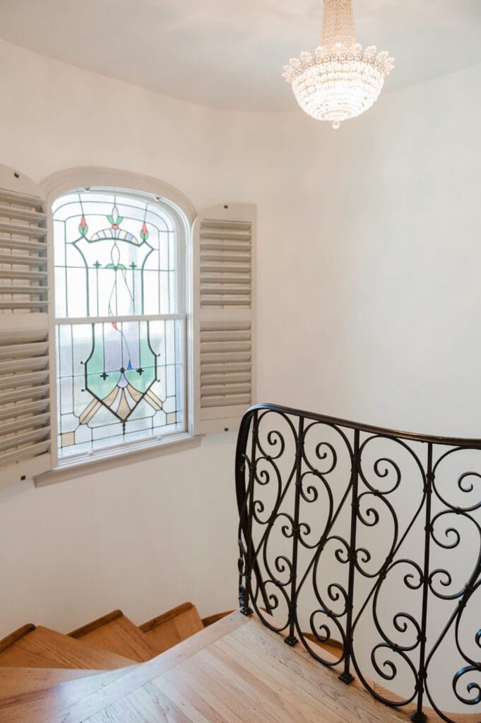 Stained glass windows are one of the original features at 6635 Lakewood Boulevard.