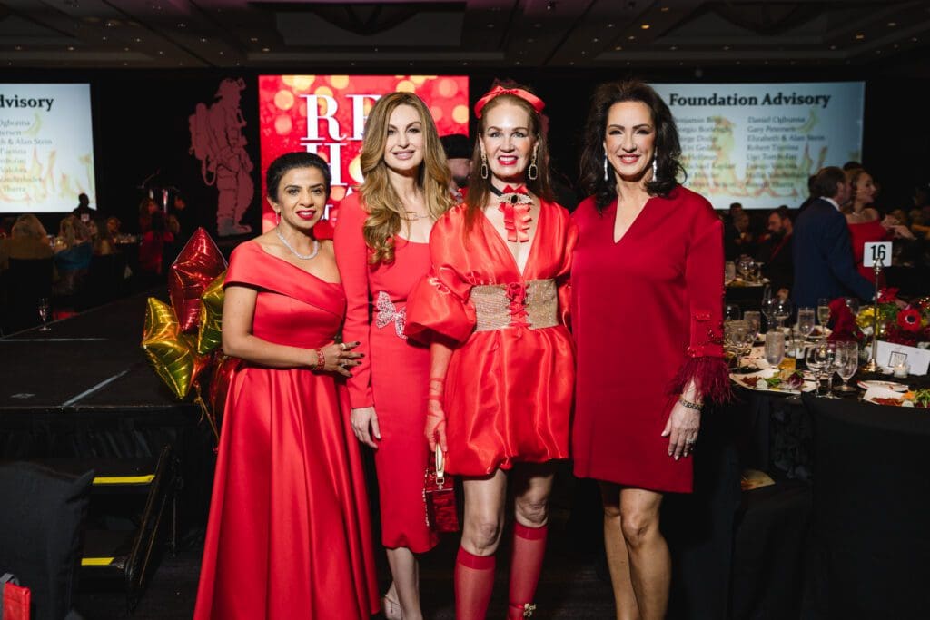 Farida Abjani, Brigitte Kalai, Beth Muecke and Alicia Smith at the Houston Fire Fighters 'Red Hot Gala' (Photo by Catch Light Group)