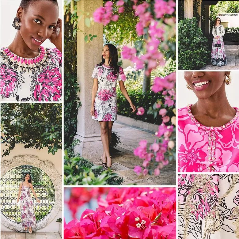 Lilly Pulitzer’s fall release features sumptuous fabrics like satin, cashmere, and sparkling jacquard that are all layered in floral prints. (Courtesy)