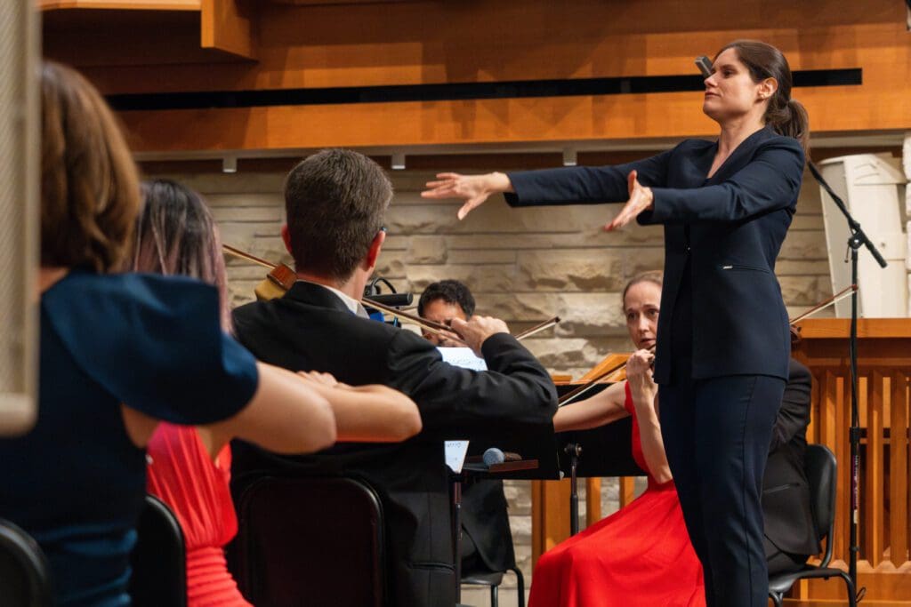 Conductor Delyana Lazarova leads ROCO through a vibrant February 2024 program. (Photo by Violeta Alvarez)