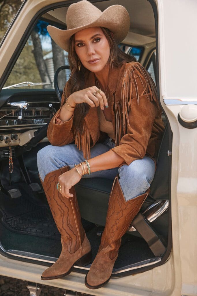 Austin-based designer Kendra Scott steps into western boots with a stunning collection for both men and women. Here she wears the Abbie.