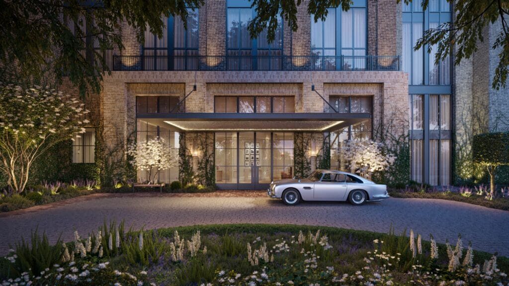 The Birdsall Residences arrival where reclaimed cedar brick harkens to neighboring River Oaks (Rendering by Dillon Kyle) 