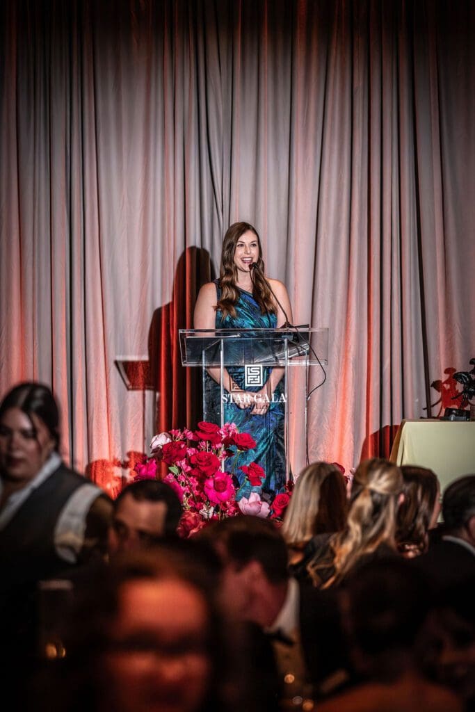 Fort Worth Film Commissioner Taylor Hardy presented the Pioneer Award to her former boss, Jessica Hill, during Friday's Lone Star Film Festival Gala at Bowie House. (Photo by Olaf Growald)