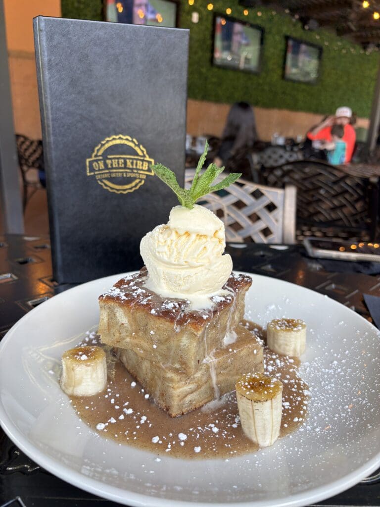 Banana Bread pudding is served with vanilla ice cream, and it full of banana flavor and not too sweet.