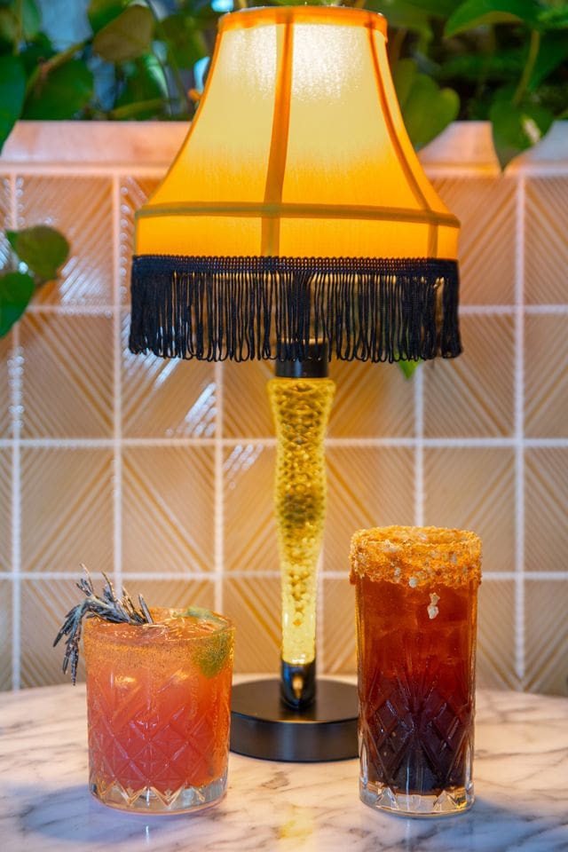 Leg lamp and two festive cocktails