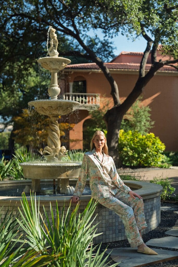 The peach-hued stucco facade of The Mansion inspired the color palette. (Courtesy of Olivia Von Halle)