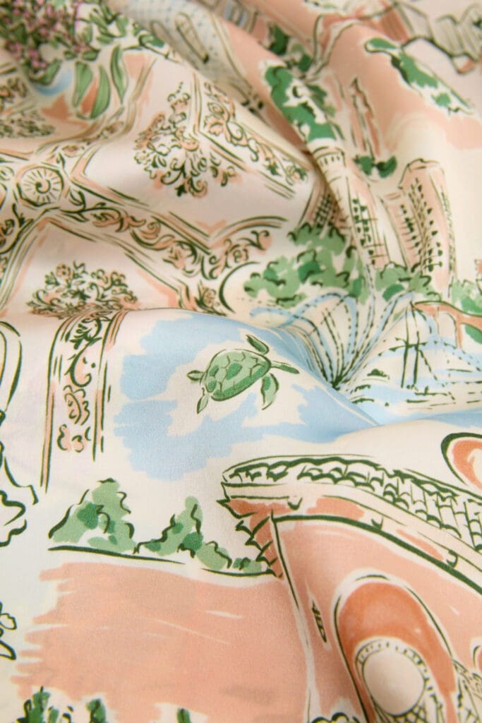 A charming, hand-drawn print, which "captures both the storied soul of the estate and the lively rhythm of Dallas itself," adorns each piece in the capsule. (Courtesy of Olivia Von Halle)