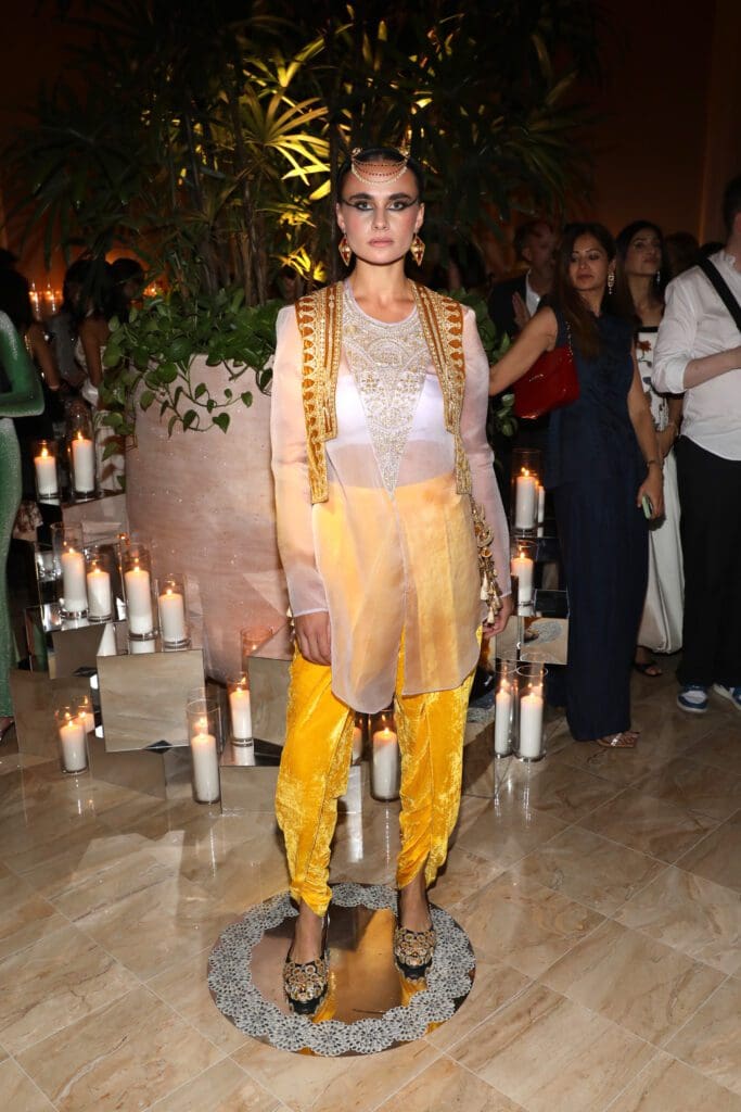 A model walks for House of Masaba at Art From The Eye of India at Miami Art Week at The Shelborne by Proper