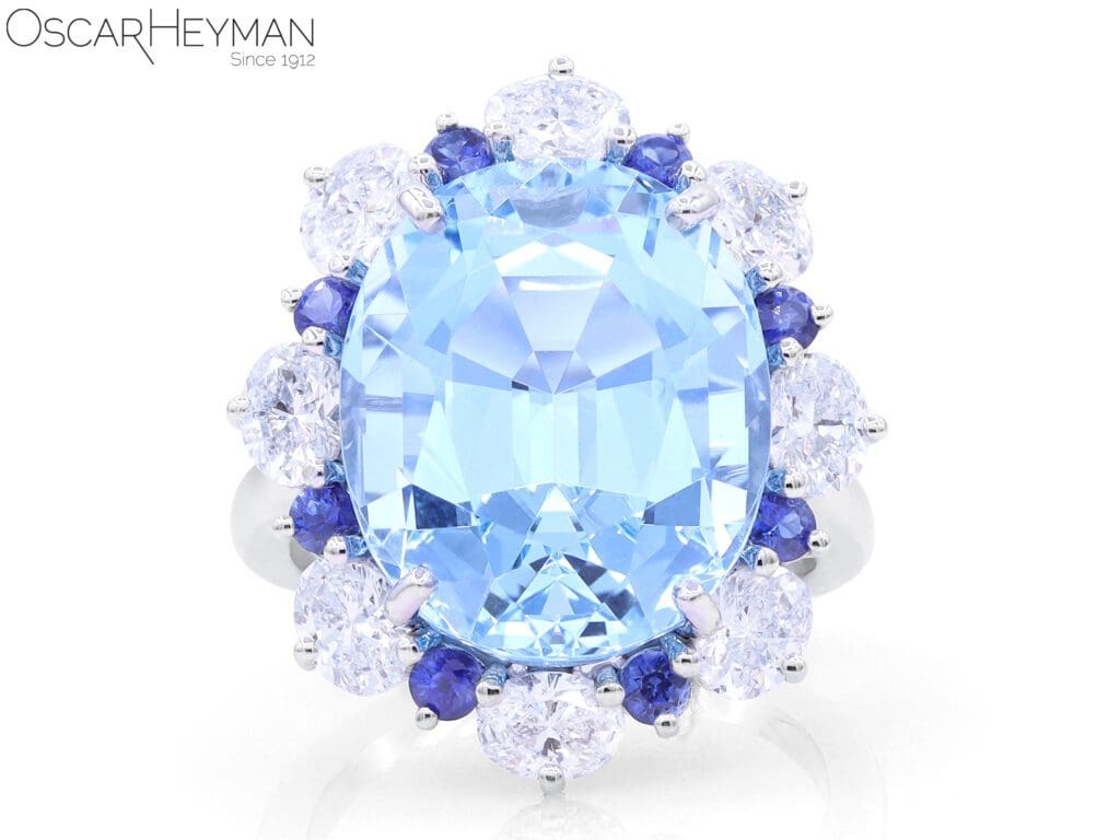Aquamarine, sapphire and diamond ring set in platinum, from the current collection at Tenenbaum Jewelers