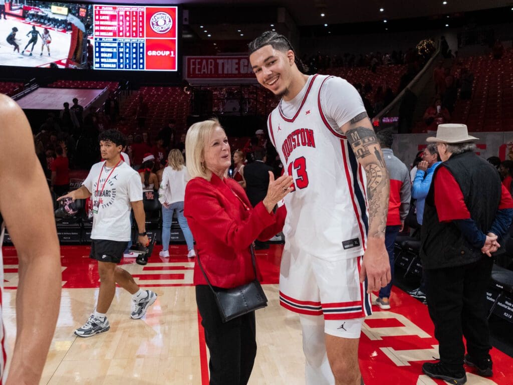 University of Houston center Jacob McFarland was all smiles in his long awaited debut after coming back from two leg surgeries. (Photo by F. Carter Smith)