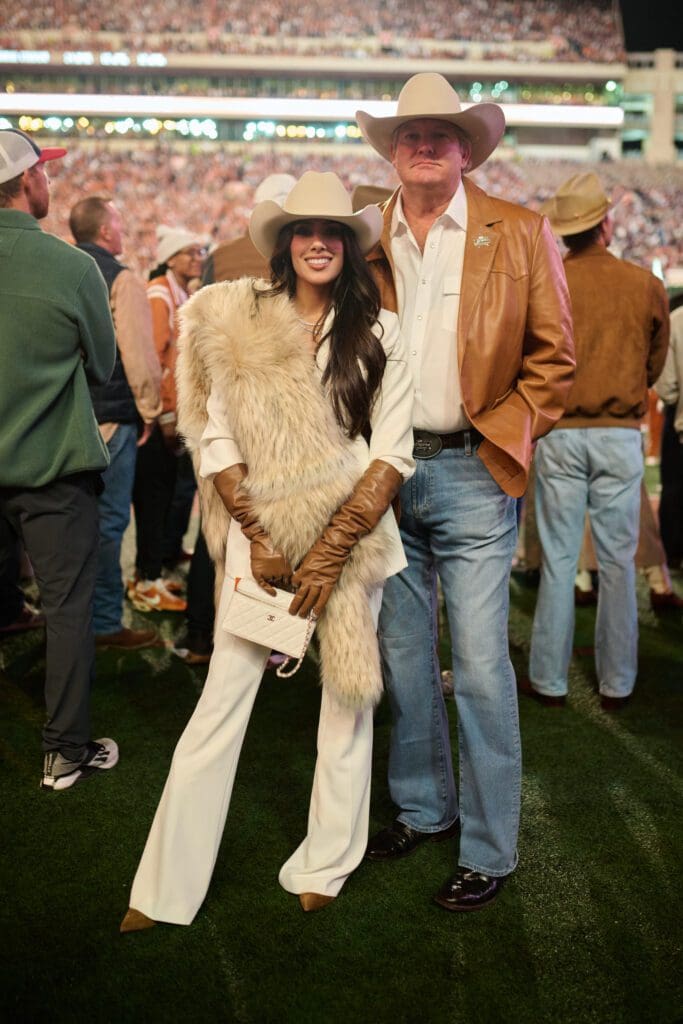 Zinat Ahmed, Cotton Holdings founder and chairman Pete Bell on the sidelines at the Lone Star Showdown in Austin (Photo courtesy of Cotton Holdings) (Photo by Courtesy of Cotton Holdings)