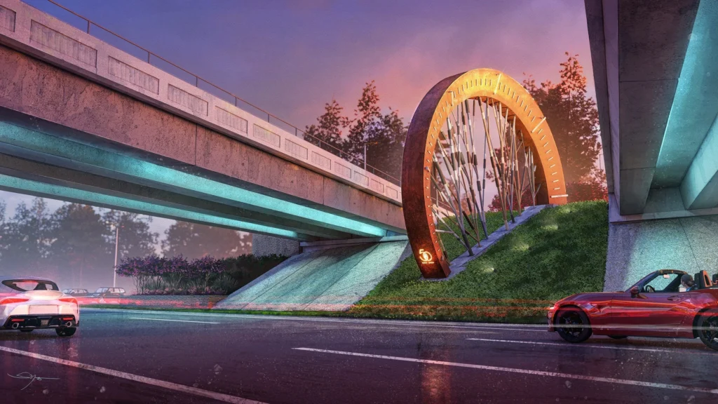 The base of the "First Fifty" sculpture marks the 50th anniversary of the founding of The Woodlands. (Illustration courtesy of LANDology)