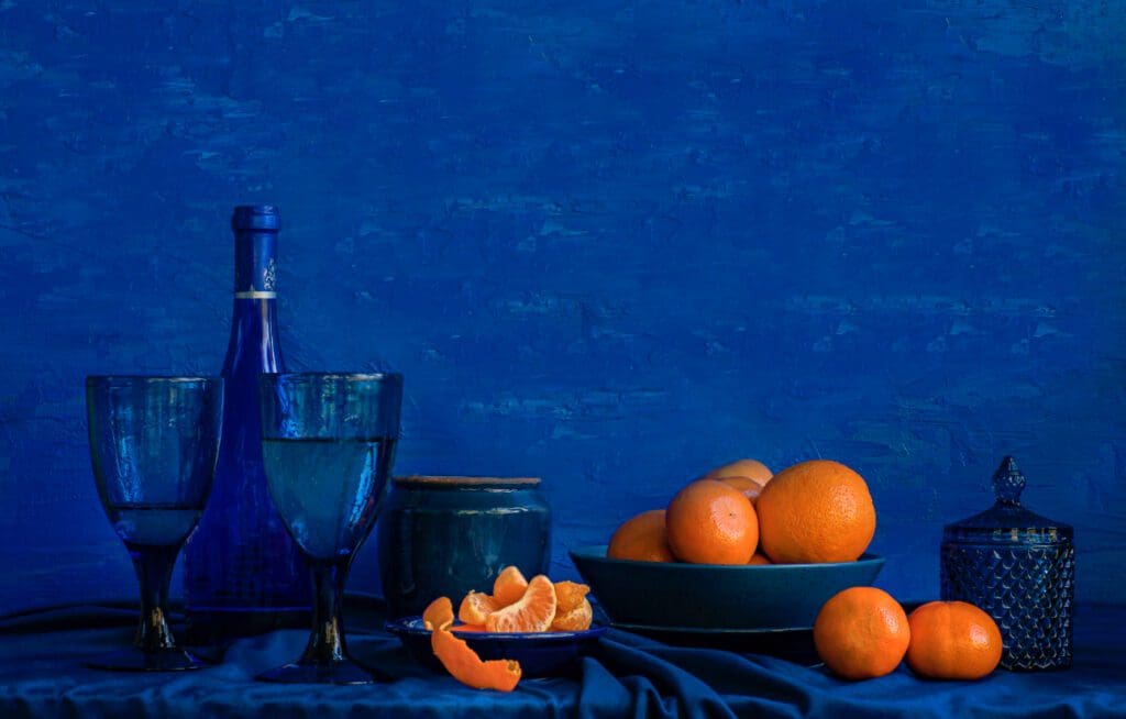 A study in complementary color and texture, with deep cobalt tones and sunlit clementines evoking distant places and timeless still life traditions. (Photo by Patti Gary)
