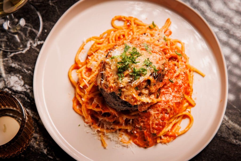 Spaghetti and three-quarter pound Texas Wagyu Meatball (Photo by Samantha Marie Photography)