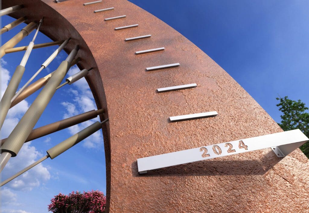 Stainless steel markers indicate the passing of years on the corten sculpture. (Illustration courtesy of LANDology)