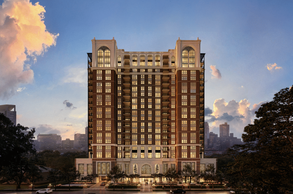 Design of The Langley  is inspired by the classical symmetry of neighboring Southampton homes and the material richness of Rice University.(Rendering)