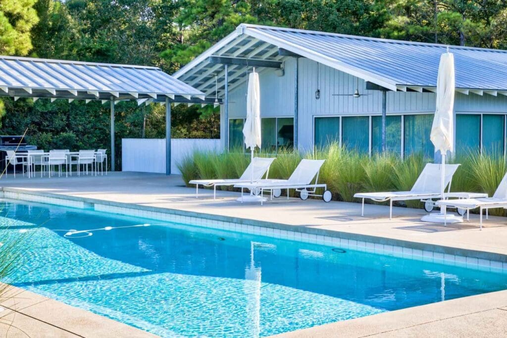 The sleek pool and pool house at Whitehall Ranch 