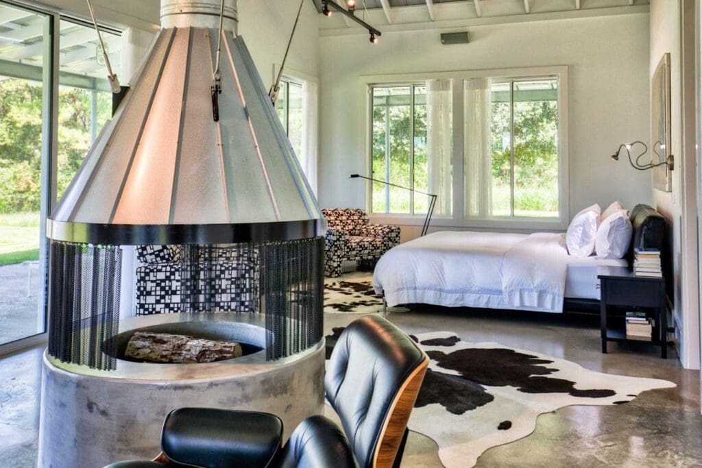 The primary bedroom at the 665-acre Whitehall Ranch