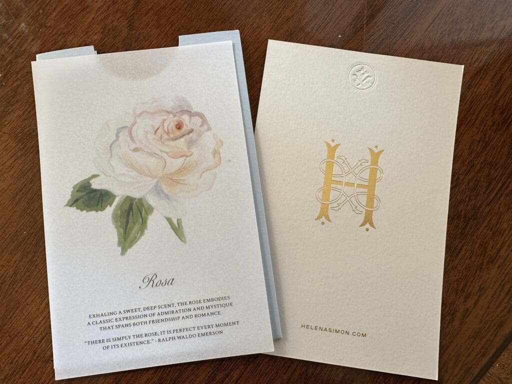 Each Helena Simon floral brooch is accompanied by cards offering styling tips, notes on the particular flower and more.