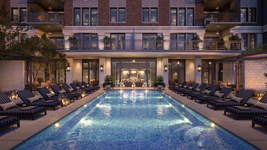The Langley swimming pool terrace resembles a Palm Beach or Santa Monica resort. (Rendering)