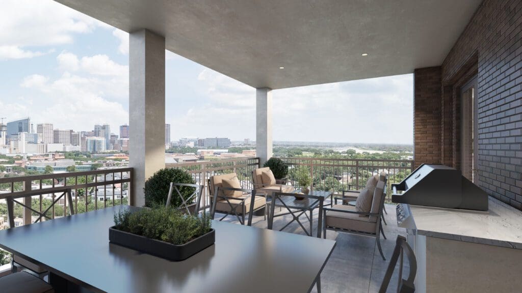 Outdoor terraces in the Azalea floor plan of The Langley have gas grills and generous entertaining space. (Rendering)